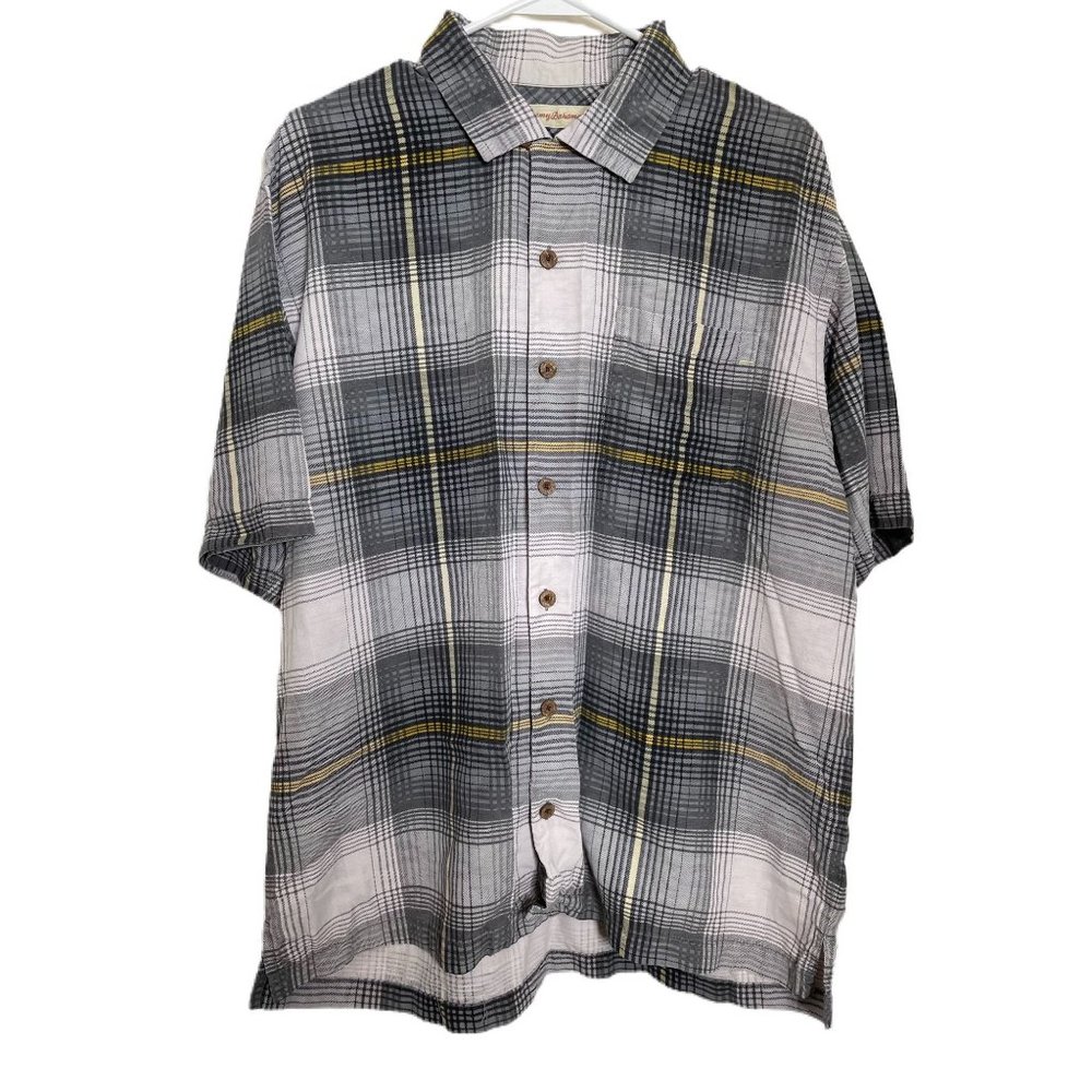 Tommy Bahama Men’s Large Short Sleeve Button Down Shirt 100% Silk Black Gray